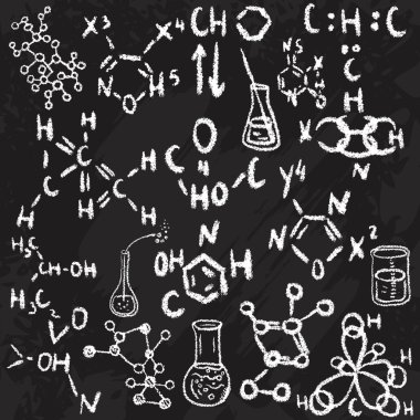 Hand drawn science laboratory icons sketch. Chalk on a blackboard. Vector illustration.Back to School. Science lab objects doodle style sketch, Laboratory equipment.