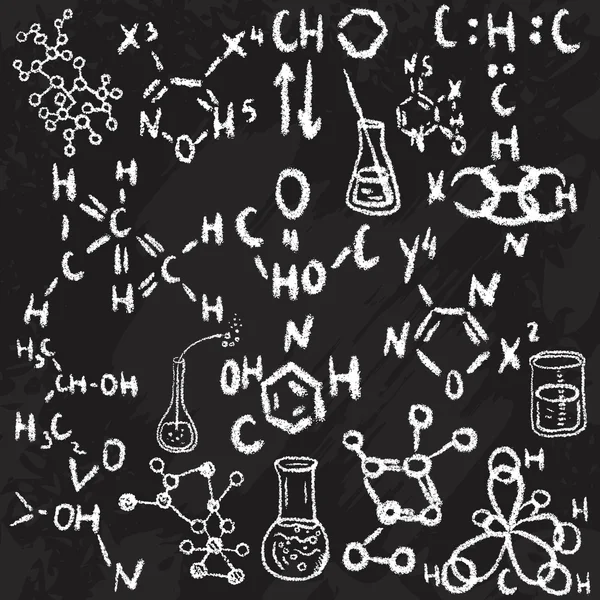 Dibujado a mano iconos de laboratorio de ciencia bosquejo. Tiza en una pizarra. Ilustración vectorial. Ciencia objetos de laboratorio doodle estilo boceto, Equipo de laboratorio . — Vector de stock