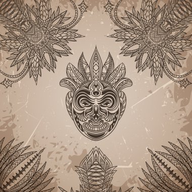 VINTAGE poster grunge arka planda süslü tasarlamak üzerine kabile maskesi. Vektör çizim Retro el çekilmiş