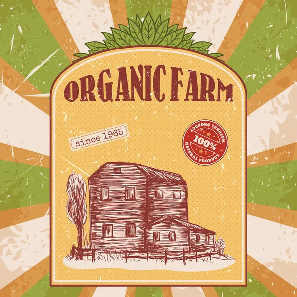 Poster vintage fazenda orgânica com casa na textura de fundo de placas de madeira. Ilustração vetorial desenhada à mão retrô no estilo esboço — Vetor de Stock