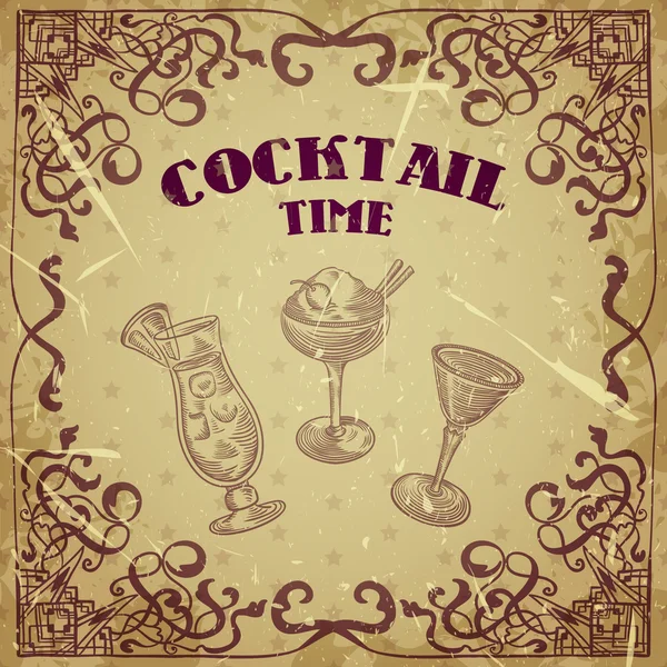 Collezione di cocktail vintage con bordo art deco. Illustrazioni vettoriali disegnate a mano retrò su sfondo grunge — Vettoriale Stock