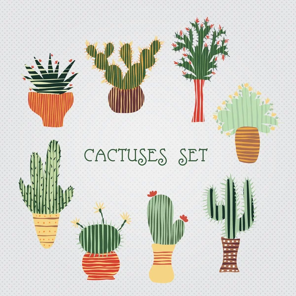 Illustration plate et colorée de plantes succulentes et de cactus en pots. Ensemble graphique vectoriel botanique avec de jolies fleurs . — Image vectorielle