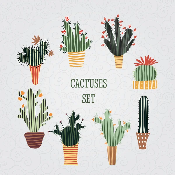 Illustrazione piatta colorata di piante succulente e cactus in vaso. Insieme grafico botanico vettoriale con simpatici fiori . — Vettoriale Stock