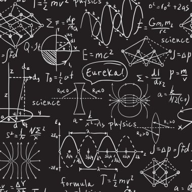 Fiziksel formülleri, grafik ve yazı tahtası üzerinde bilimsel hesaplamalar. Vintage el çekilen resimde laboratuvar seamless modeli