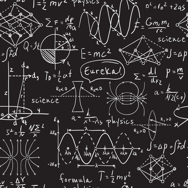Physical formulas, graphics and scientific calculations on chalkboard. Vintage hand drawn illustration laboratory seamless pattern