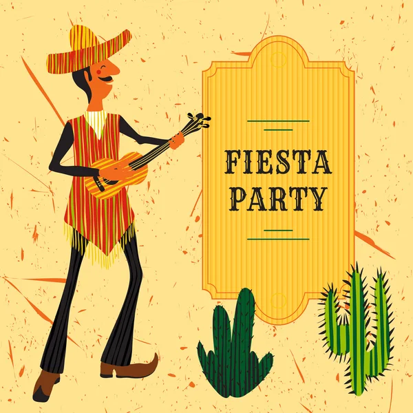 Мексиканская вечеринка приглашения с мексиканцем, играющим на гитаре в сомбреро и кактусах. Ручной рисунок векторного плаката с гранжевым фоном. Шаблон флайера или поздравительной открытки — стоковый вектор