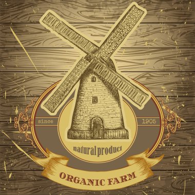arka plan doku ahşap kurulların vintage yel değirmeni ile organik tarım poster. Retro el çizilmiş vektör çizim etiket kroki tarzı