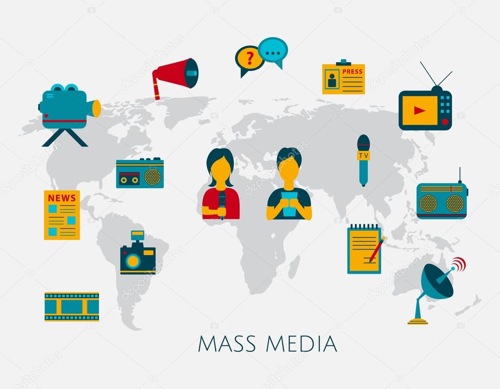 Mass media journalism news concept flat business icons of newspaper paparazzi profession live radio for infographics design web elements with a background map of the world