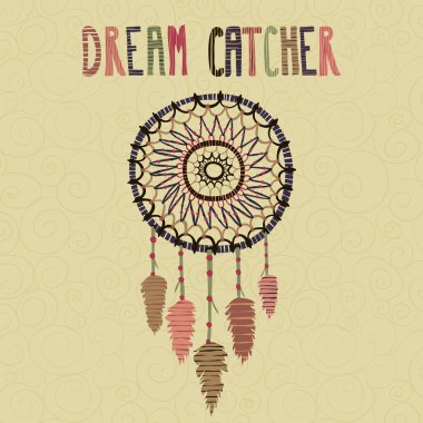 Vintage ilham verici poster tasarımı. Geometrik öğeleri, rüya yakalayıcı geleneksel Kızılderili etnik sembolü, tüyler dekorasyon. Modern poster, kart, el ilanı, tişörtü, giyim tasarım.