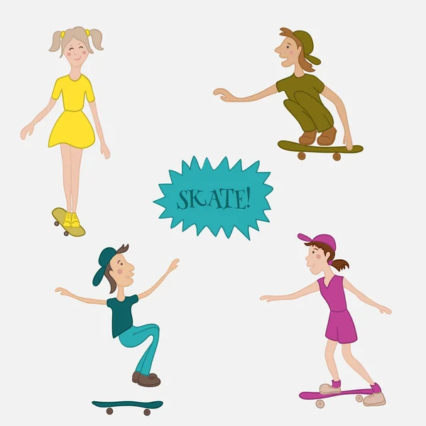 Tieners mannelijke en vrouwelijke schaatsers in actie. Cartoon vector illustrtion in vlakke stijl — Stockvector