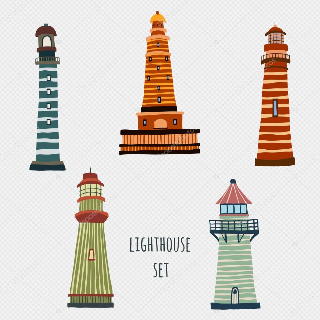 set of cartoon lighthouses. Retro icons in flat style.