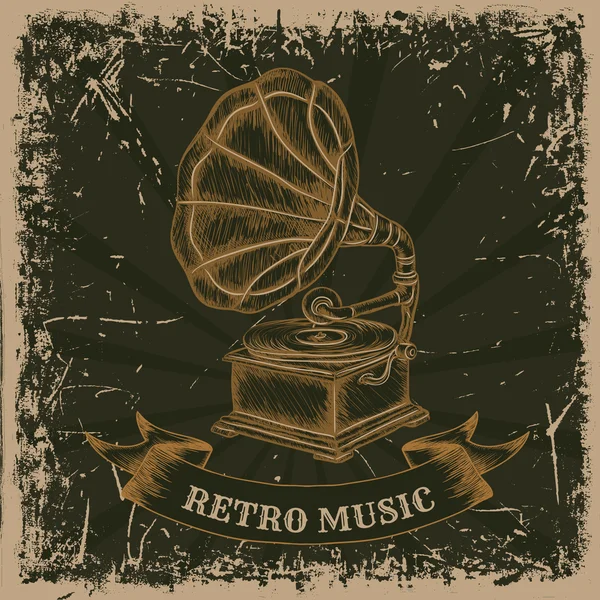Plakát s vintage gramofon. Retro ručně kreslenou vektorové ilustrace popisek "retro music" v náčrtu stylu grunge zázemí — Stockový vektor