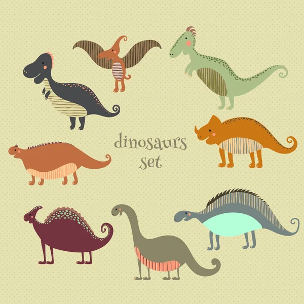 Cartel retro con dinosaurios divertidos en dibujos animados. Se puede utilizar para fondos de pantalla, rellenos de patrones, fondos de página web, texturas de superficie. - colección de vectores stock — Vector de stock