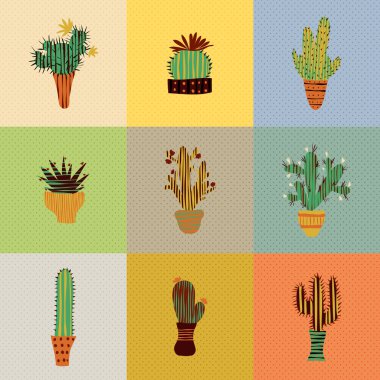 Düz renkli resimde etli bitki ve kaktüsler tencere retro renklerde. Botanik vektör grafiği ile şirin çiçekler ayarla.