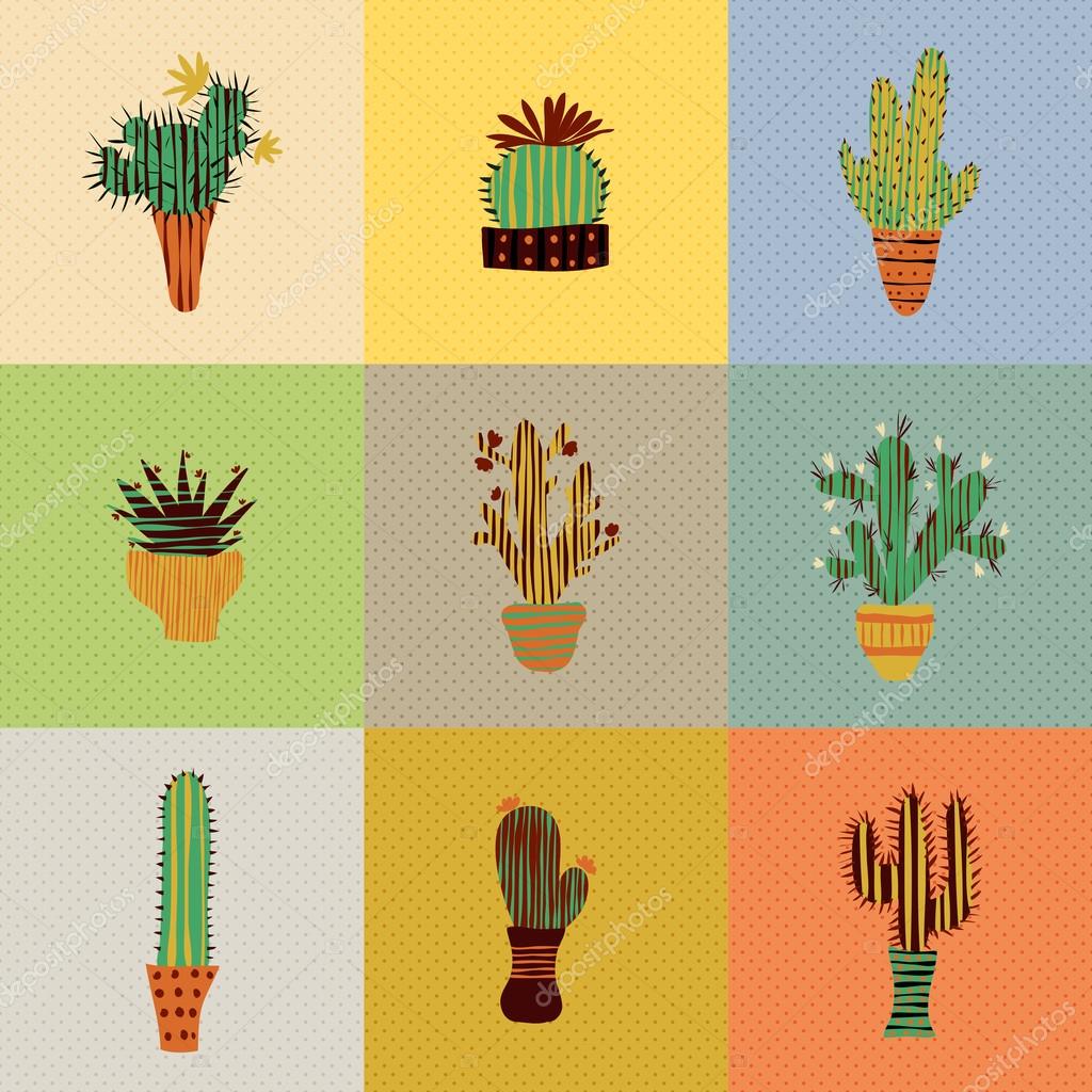 レトロな色の鉢にサボテンと多肉植物のフラット カラフルなイラスト かわいい花柄のベクトル植物グラフィック設定 ストックベクター C Kateja