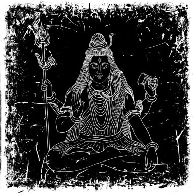VINTAGE poster oturma Hint tanrısı Shiva grunge arka plan ile. Vektör çizim Retro el çekilmiş