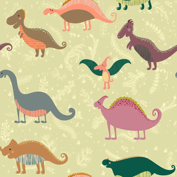 Modèle sans couture avec ensemble dinosaures drôles dans le dessin animé. Peut être utilisé pour les fonds d'écran, les garnitures de motifs, les arrière-plans de pages Web, les textures de surface. - collection vectorielle stock en couleurs rétro — Image vectorielle