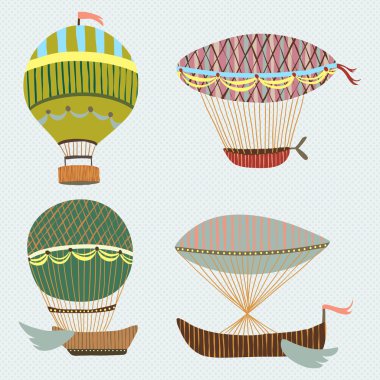 Güzel retro renkli arka plan ile uçan balonlar ve airships kümesi. Fantezi vektör çizim karikatür. Duvar kağıtları, desen dolgularını, web sayfası arka planlar, yüzey dokuları için kullanılabilir.