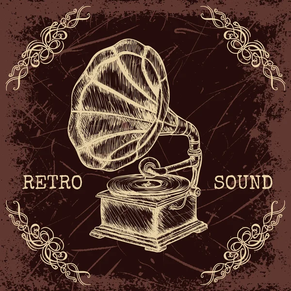 Vintage gramofon poszter. Retro kézzel rajzolt vektoros illusztráció címke "retro sound" a vázlat stílus háttér grunge és kalligrafikus díszítő elem — Stock Vector