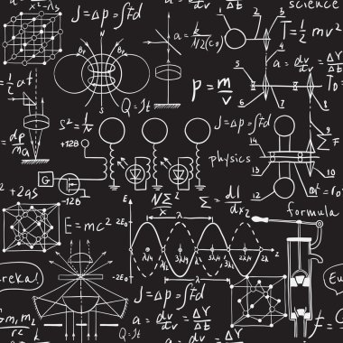 Fiziksel formülleri, grafik ve yazı tahtası üzerinde bilimsel hesaplamalar. Vintage el çekilen resimde laboratuvar seamless modeli