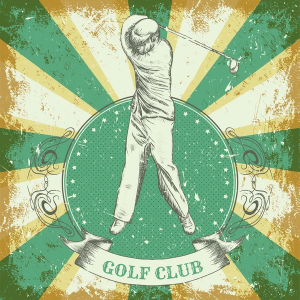 Poster vintage com homem jogando golfe. Rótulo de ilustração vetorial desenhado à mão retro "golf club" com fundo grunge —  Vetores de Stock