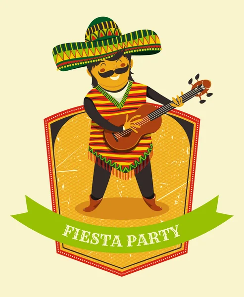 Fiesta Mexicana Fiesta Invitación con el hombre mexicano tocando la guitarra en un sombrero. Cartel de ilustración vectorial dibujado a mano. Folleto o plantilla de tarjeta de felicitación — Archivo Imágenes Vectoriales