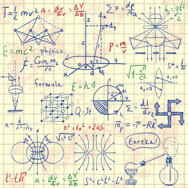 Fiziksel formülleri, grafik ve bilimsel hesaplamalar. Okula geri: Bilim laboratuarı nesneleri doodle vintage tarzı skeçler. Vintage elle çizilmiş illüstrasyon