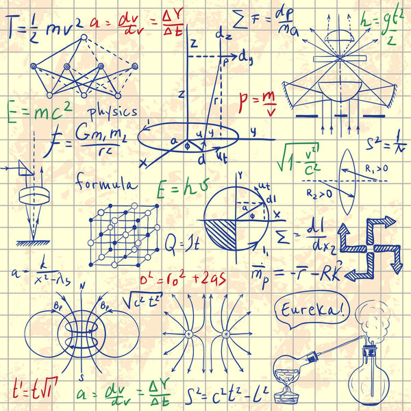 Physical formulas, graphics and scientific calculations. Back to School: science lab objects doodle vintage style sketches. Vintage hand drawn illustration