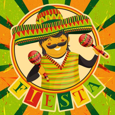 Mexican Fiesta Party Invitation with Mexican man playing the maracas in a sombrero. Hand drawn vector illustration poster. Flyer or greeting card template clipart