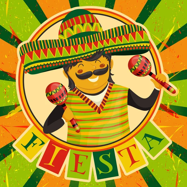 Mexican Fiesta Party zaproszenie z Meksyku człowiek gra marakasy w sombrero. Ręcznie rysowane wektor ilustracja plakat. Ulotki lub karty z pozdrowieniami szablon — Wektor stockowy