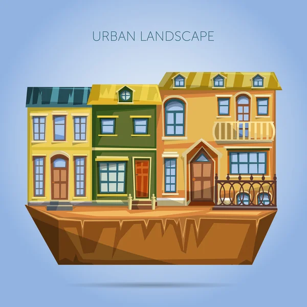 Las casas de la ciudad fachadas. Diseño plano paisaje urbano vector ilustración — Vector de stock