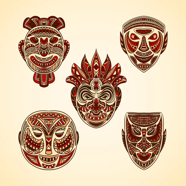 Colección de máscara tribal. Ilustración vectorial dibujada a mano retro — Archivo Imágenes Vectoriales