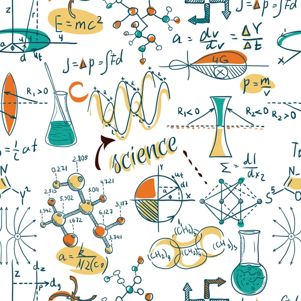 Volver a la escuela: objetos de laboratorio de ciencia garabato estilo vintage bocetos patrón sin costuras, ilustración vectorial . — Vector de stock