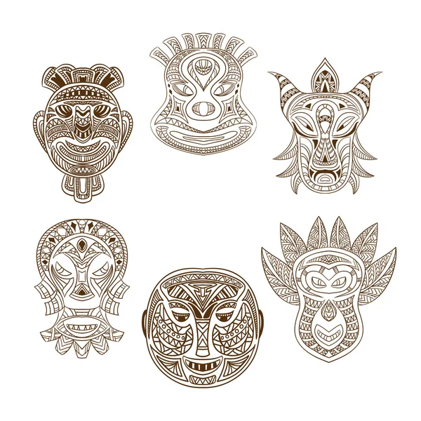 Samling av Tribal mask. Retro hand dras vektor illustration — Stock vektor