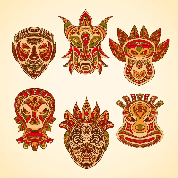 Colección de máscara tribal. Ilustración vectorial dibujada a mano retro — Vector de stock