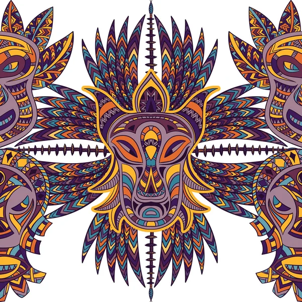 Patrón sin costuras con máscara tribal y azteca geométrica adorno latinoamericano. Ilustración vectorial dibujado a mano — Vector de stock