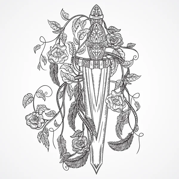 Espada medieval, rosas, folhas e penas. Vintage floral altamente detalhada mão desenhada ilustração. Elementos isolados. Motivo Vitoriano. Desenho de tatuagem —  Vetores de Stock