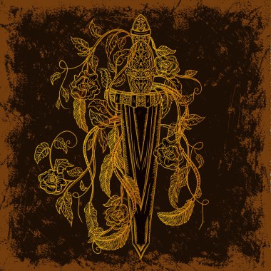 Gold medieval sword, roses, leaves and feathers on brown grunge background. Vintage floral highly detailed hand drawn illustration. Isolated elements. Victorian Motif. Tattoo design