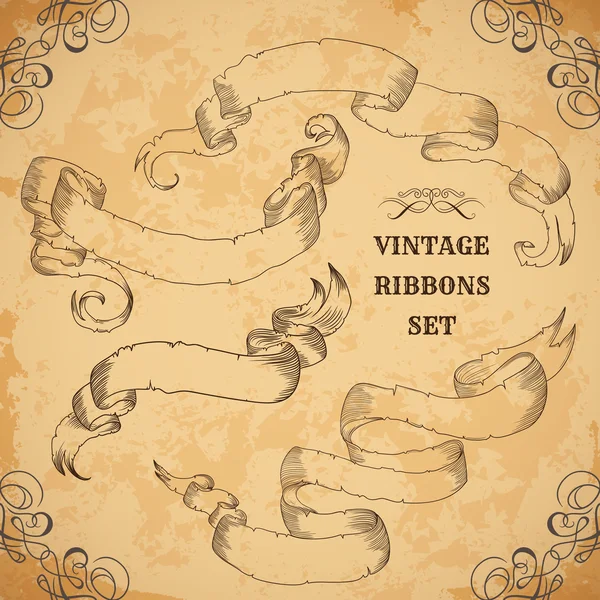 Vintage ribbons set. Vector illustration. Engraved decorative ornate frames. Victorian style. Place for text message.Retro hand drawn design elements collection on aged card paper. — Stock Vector