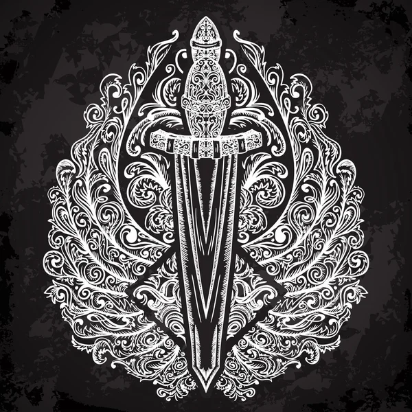 Medieval sword and ornate wings on black background. Vintage floral highly detailed hand drawn illustration. Isolated elements. Victorian Motif. Tattoo design — Stok Vektör