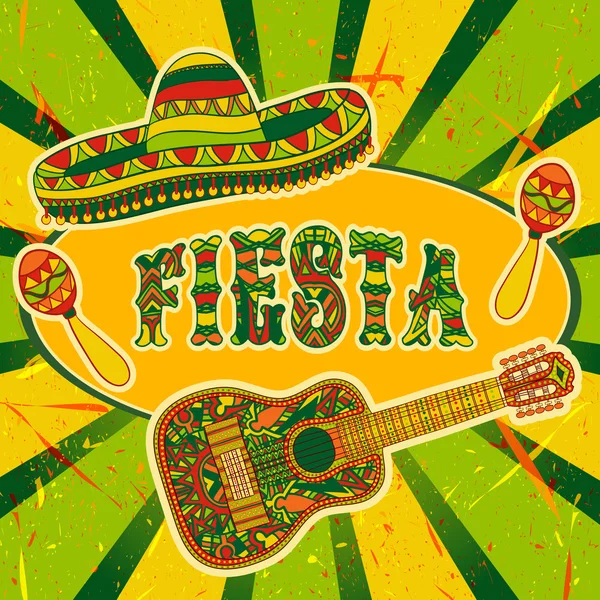 Mexican Fiesta Party Invitation with maracas, sombrero and guitar. Hand drawn vector illustration poster with grunge background — ストックベクタ