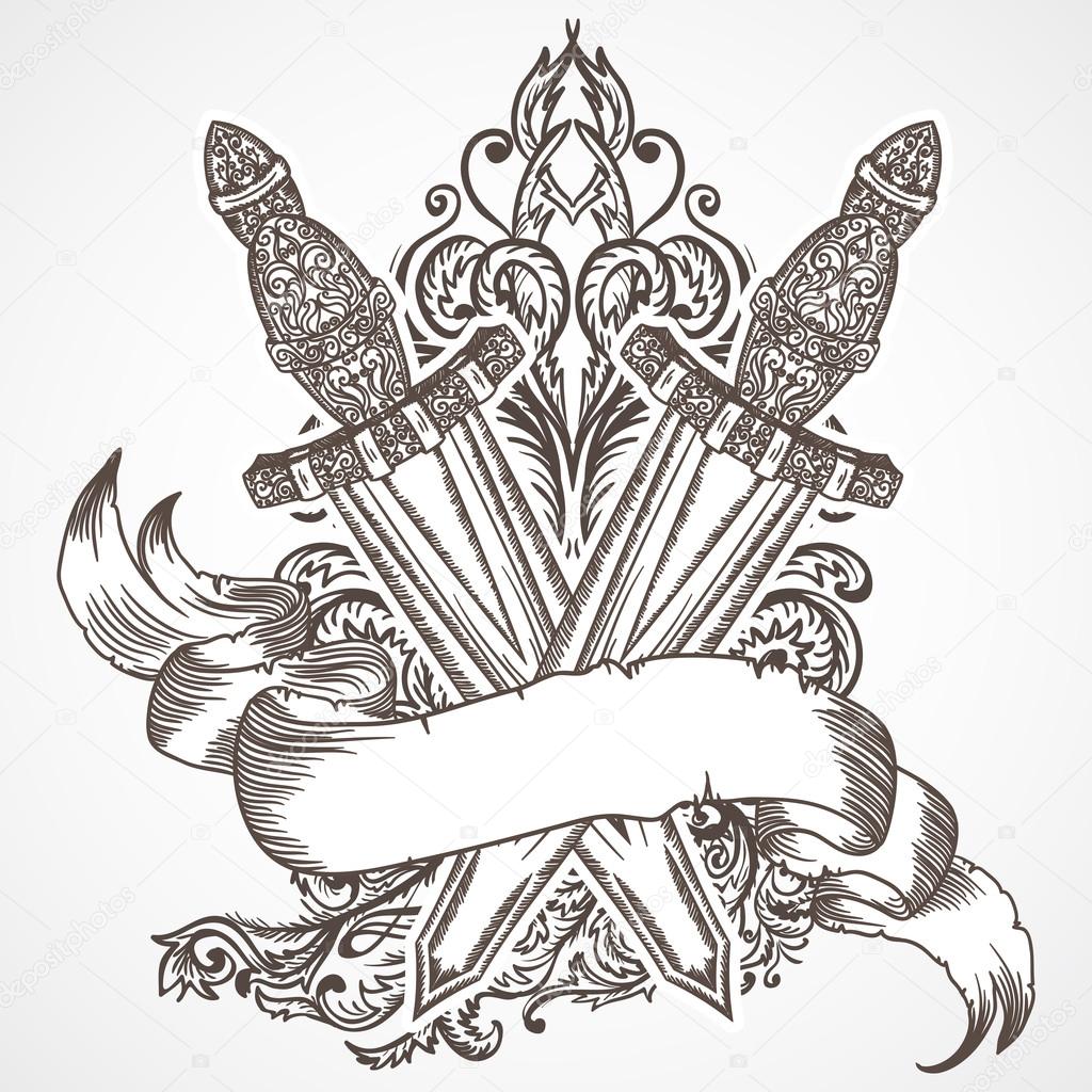 Medieval sword with ribbon banner and floral ornament . Vintage floral