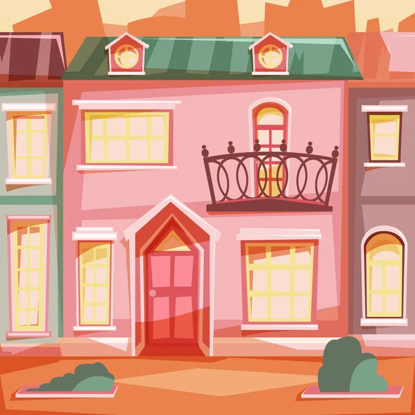Maisons de ville façades coucher de soleil. Illustration vectorielle . — Image vectorielle