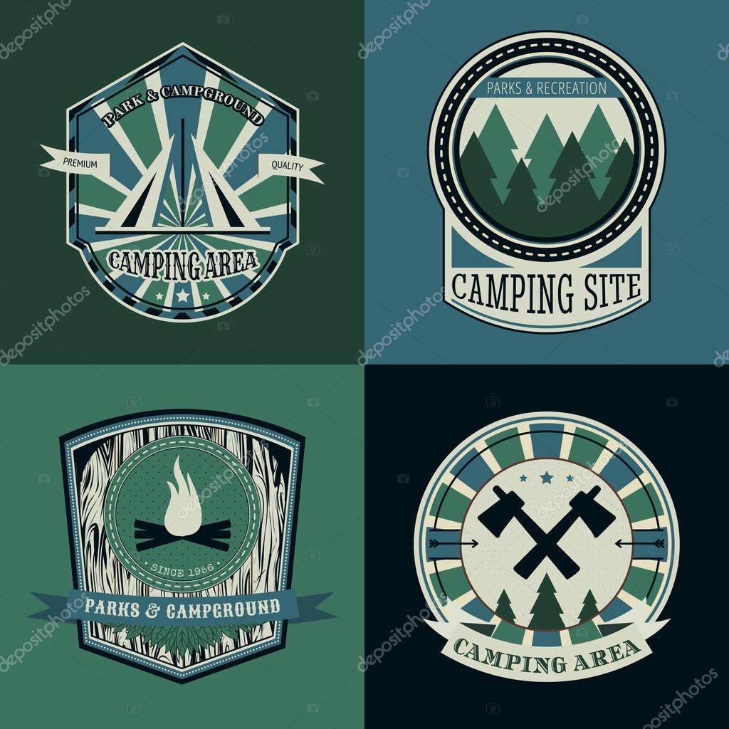 Set of vintage camping and outdoor adventure logo badges and labels. Retro vector illustration