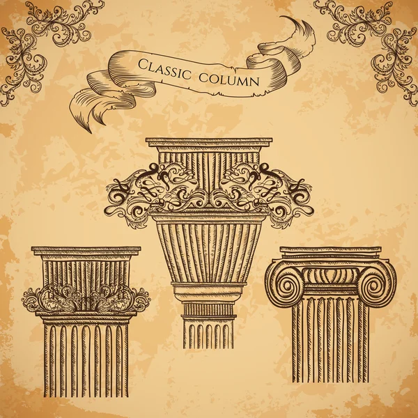 Antique and baroque classic style column vector set. Vintage architectural details design elements on grunge background in sketch style — Stock Vector