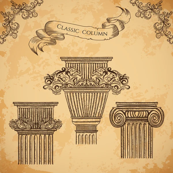 Ensemble de vecteurs de colonnes de style classique antique et baroque. Détails architecturaux vintage éléments de conception sur fond grunge dans le style croquis — Image vectorielle