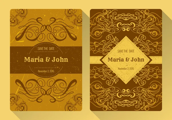 Vintage golden save the date or wedding invitation card collection with calligraphic decorative elements — Stockvector