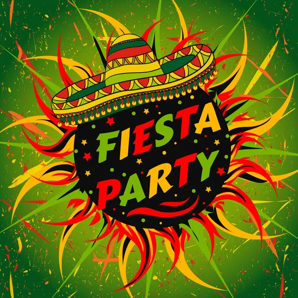 Mexican Fiesta Party label with sombrero and confetti .Hand drawn vector illustration poster with grunge background. Flyer or greeting card template — Stock Vector