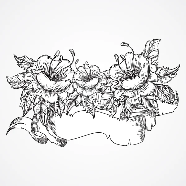 Vintage floral altamente detalhado mão desenhado buquê de flores e faixa de faixa em preto e branco. Motivo vitoriano, elemento de design de tatuagem. Arte conceito de buquê. Ilustração isolada do vetor de estoque — Vetor de Stock