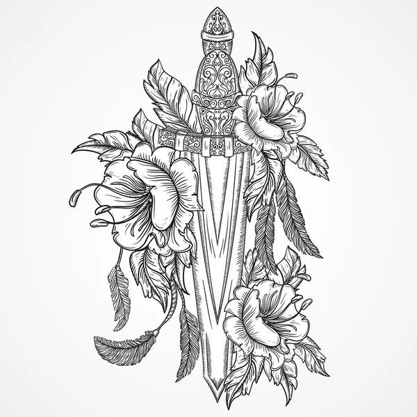 Espada medieval, flores, folhas e penas. Vintage floral altamente detalhada mão desenhada ilustração. Elementos isolados. Motivo Vitoriano. Desenho de tatuagem —  Vetores de Stock